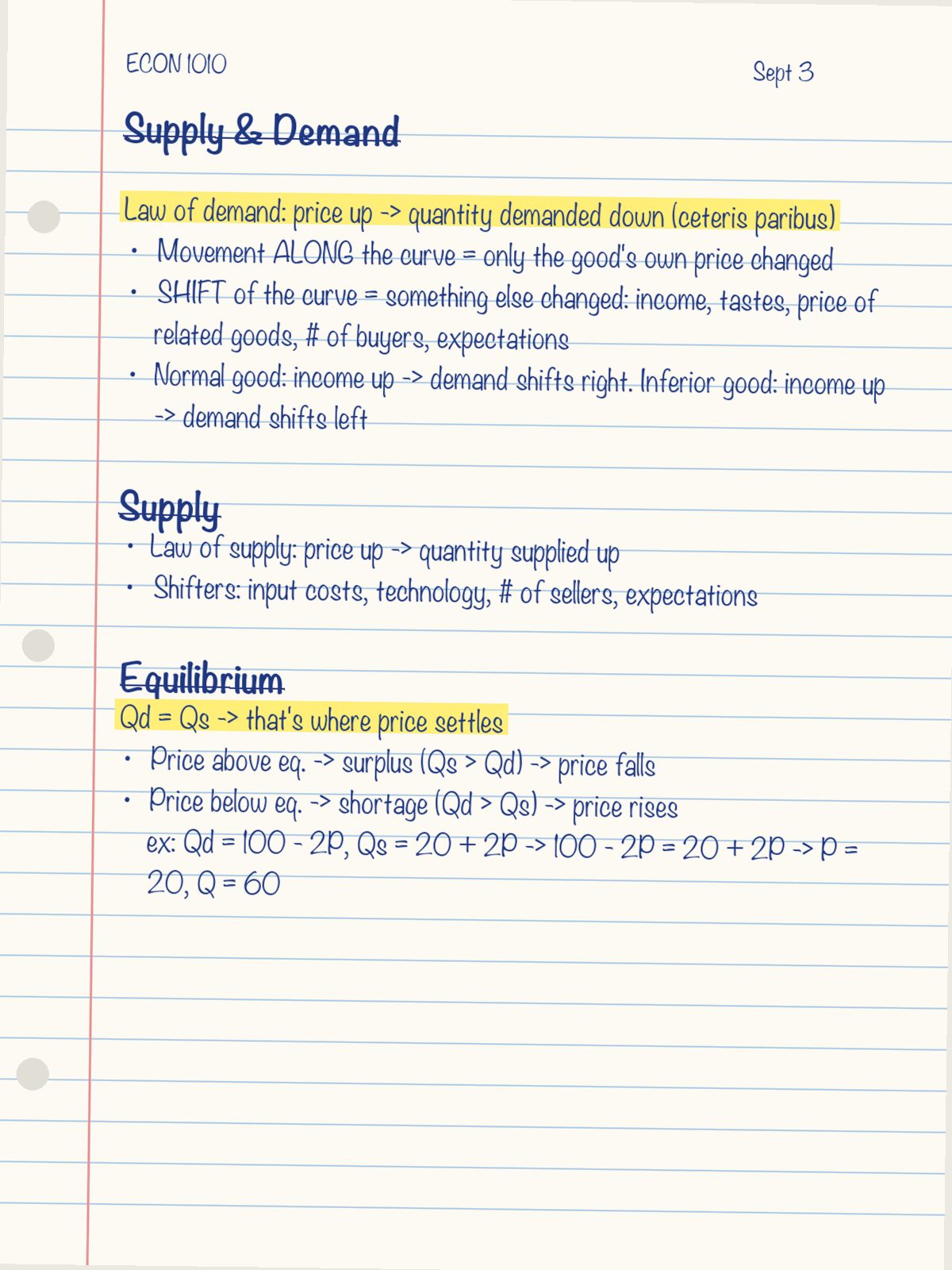 Example handwritten notes on supply and demand